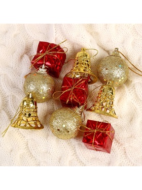Ёлочные игрушки «Гранд», набор 9 шт., (3 шара, 3 подарка, 3 колокольчика) красно-золотой