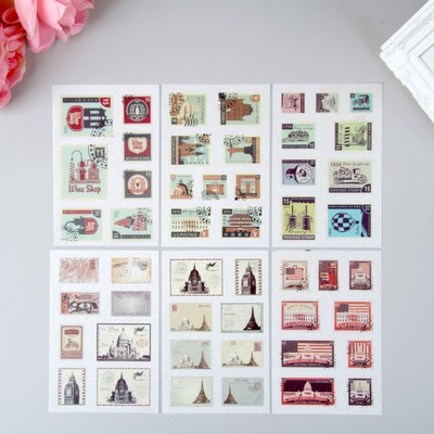 Наклейка пластик "Почтовые марки" набор 6 листов 15х10 см