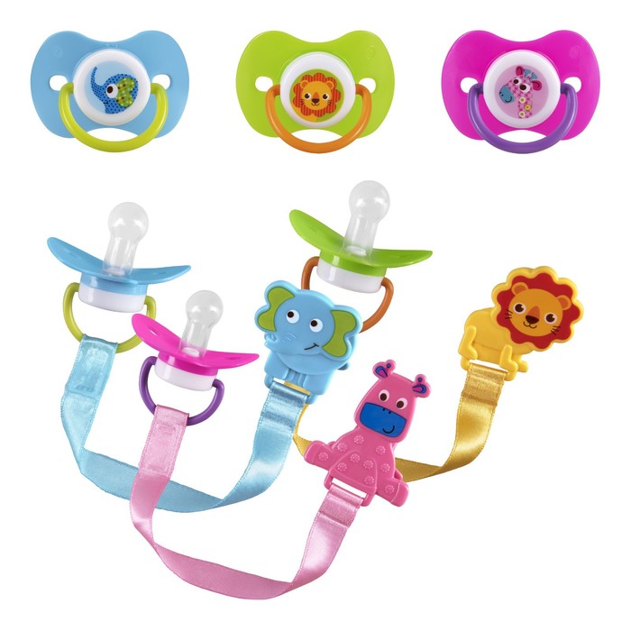 Соска - пустышка силиконовая классическая, с цепочкой и прищепкой, от 0 мес., цвета МИКС - Фото 1