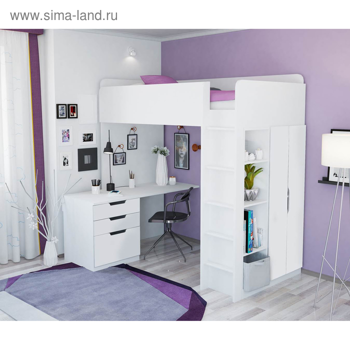 Кровать-чердак Polini kids Simple с письменным столом и шкафом, цвет белый МДФ