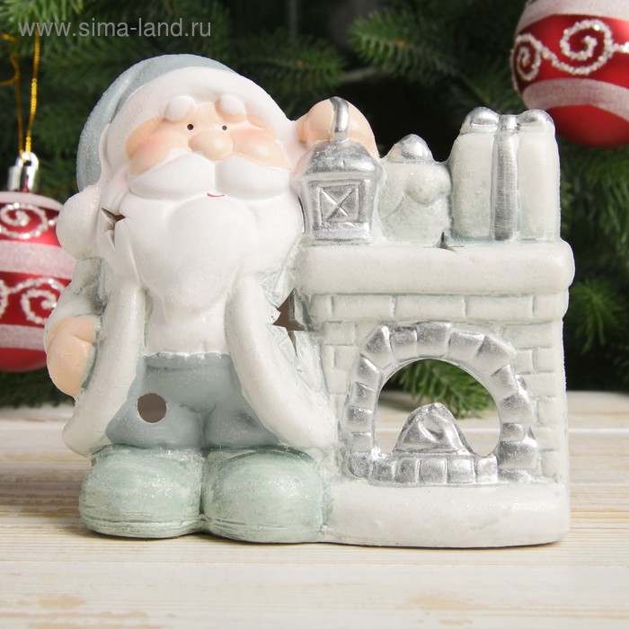 Подсвечник керамика "Дедушка Мороз с фонариком у камина" серебро 10,5х11,5х6,5 см - Фото 1