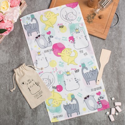 Набор подарочный "Котики" мешочек текстильный, полотенце 35х60, лопатка 20см