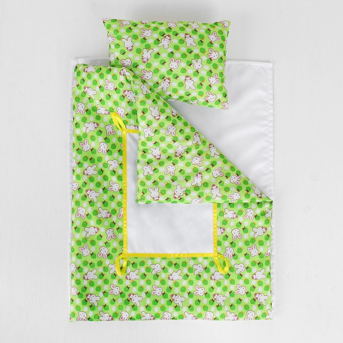 Постельное бельё для кукол «Зайчики на зелёном», простынь, одеяло, подушка - фото 1886405137