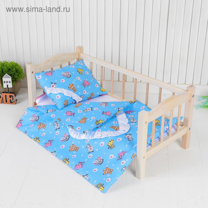 Постельное бельё для кукол «Зверята с ромашками на голубом», простынь, одеяло, подушка - Фото 1