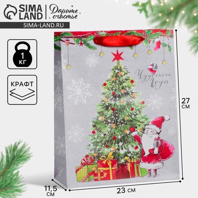Пакет подарочный новогодний крафтовый «Новогоднего чуда», 23×27×11.5 см