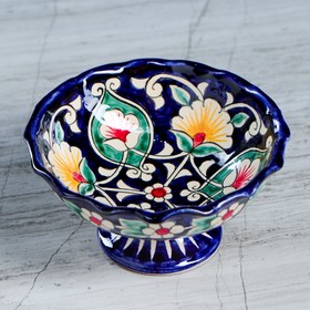 Конфетница Риштанская Керамика 'Цветы', 13 см, синяя