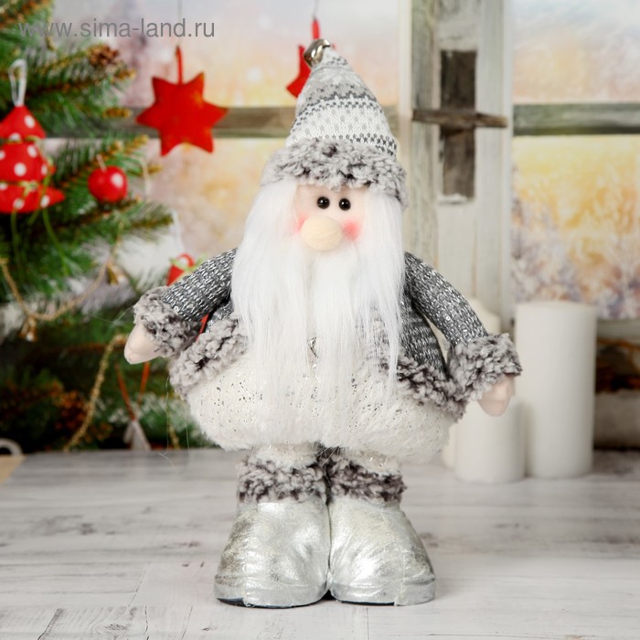 Мягкая игрушка "Дед Мороз в шубке" 19х55 см (в сложенном виде 37 см) серебро - Фото 1