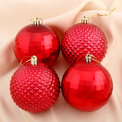 Ёлочные игрушки «Диско и грани», шары новогодние, d=8 см, набор 4 шт., красный