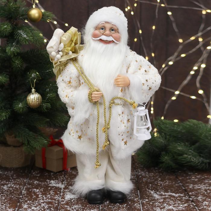 Дед Мороз "В белой звёздной  шубке, с фонарём" 45 см - фото 1908479185