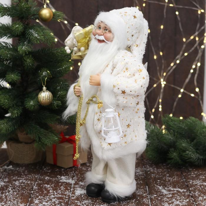 Дед Мороз "В белой звёздной  шубке, с фонарём" 45 см - фото 1908479186