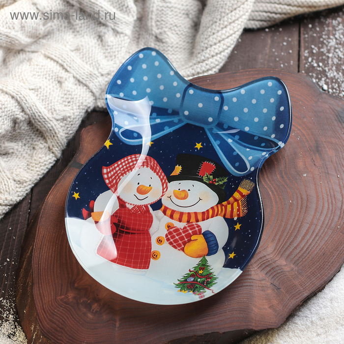 Блюдо стеклянное сервировочное Доляна «Бант. Счастливые снеговики», 18,5×13 см - Фото 1