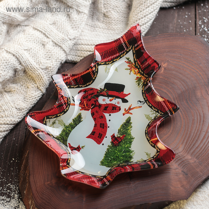 Блюдо стеклянное сервировочное Доляна «Ёлочка. Снеговичок», 16,9×20,3 см - Фото 1