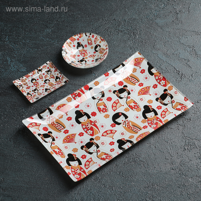 Набор для суши из стекла Доляна «Саката», 3 предмета: соусники 8×2 см, 8×6 см, подставка 25×15×2 см - Фото 1