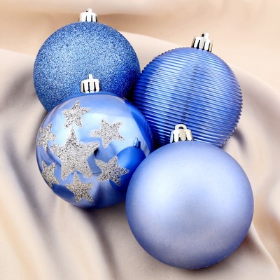 Ёлочные игрушки «Камея со звёздами», шары новогодние, набор d=8 см, 4 шт., синий