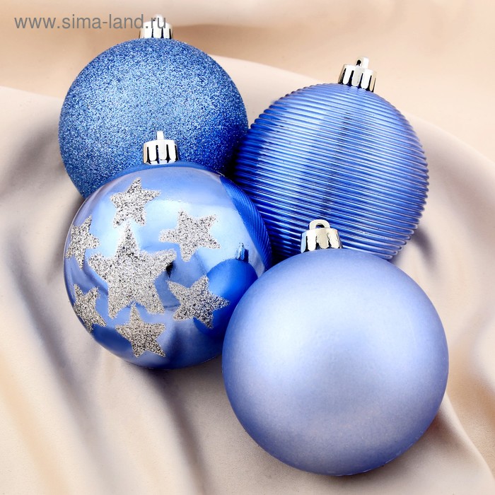 Ёлочные игрушки «Камея со звёздами», шары новогодние, набор d=8 см, 4 шт., синий - Фото 1