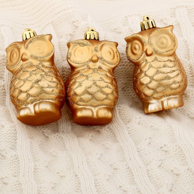 Украшение ёлочное "Совушки" (набор 3 шт) 8 см матовое золото