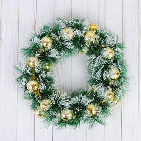 Венок новогодний d=30 см «Зимнее волшебство. Золотистые шарики в инее»