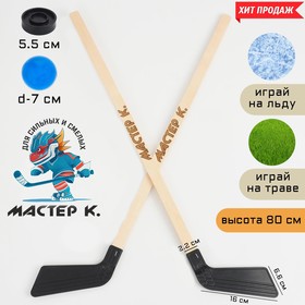 Клюшки для игры в хоккей 'Мастер К', набор: 2 клюшки 80 см, шайба 5.5 х 1.5 см, мяч d-7 см