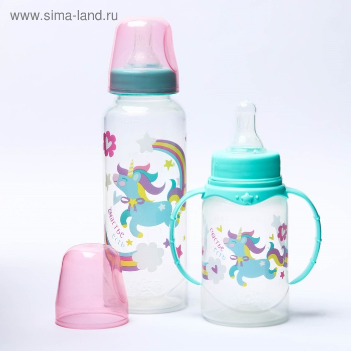 Подарочный детский набор «Волшебная пони»: бутылочки для кормления 150 и 250 мл, прямые, от 0 мес., цвет розовый - Фото 1