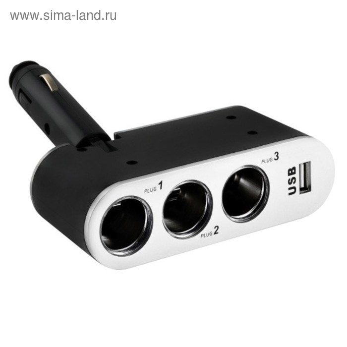Разветвитель прикуривателя 3 гнезда + USB Skyway черный, предох. 5А, USB 1A S02301006, S02301006 - Фото 1