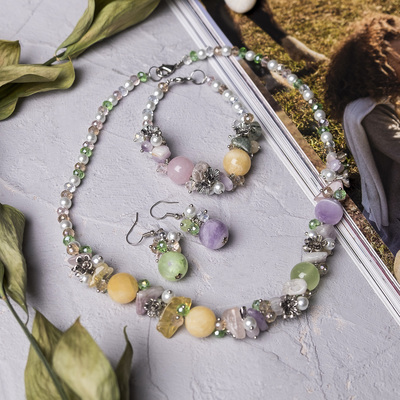 Набор 3 предмета: серьги, бусы, браслет, каменная долина «Самоцвет» светлый