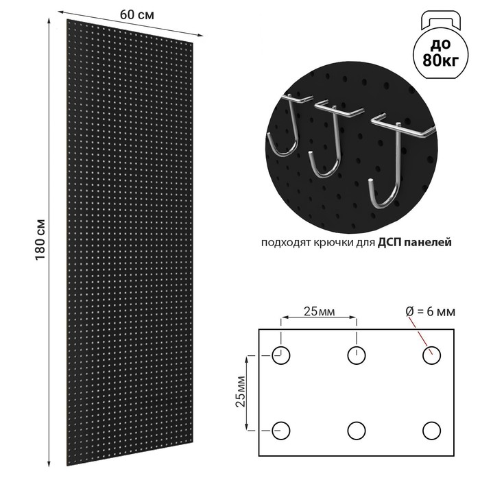 Настенная перфорированная панель односторонняя 60×0,6×180 см, шаг 2,5 см, цвет чёрный