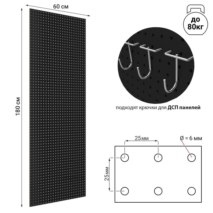 

Настенная перфорированная панель односторонняя 60×0,6×180 см, шаг 2,5 см, цвет чёрный