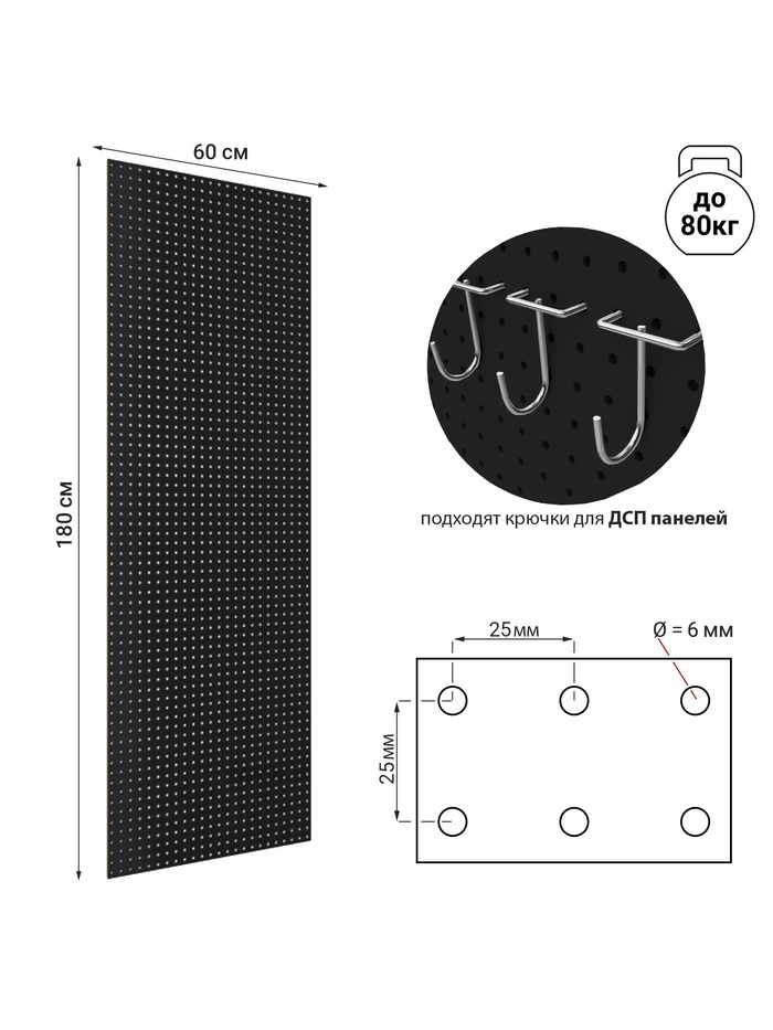 Настенная перфорированная панель ДСП односторонняя, 60×0.6×180 см, шаг 2.5 см, чёрная - Фото 1