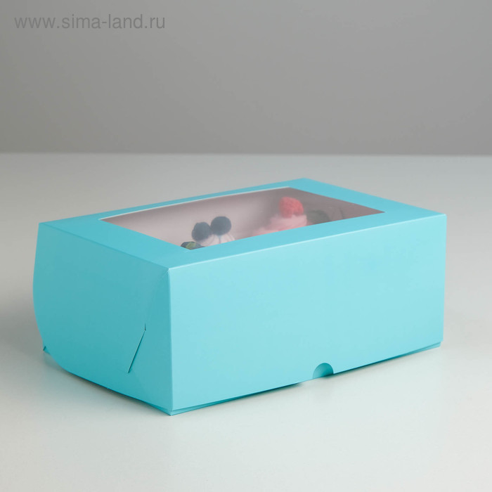 Коробка на 6 капкейков с окном, голубая, 25 х 17 х 10 см - Фото 1