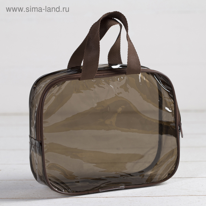 Косметичка ПВХ, отдел на молнии, с ручками, цвет кофе - Фото 1