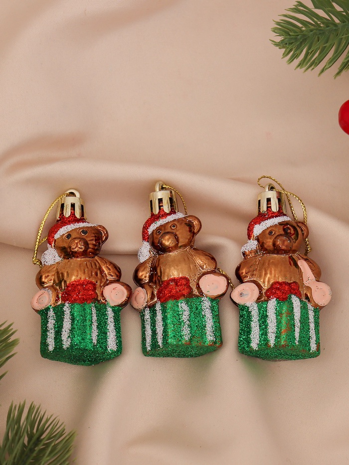 Ёлочные игрушки 3 шт. «Зимнее волшебство. Мишка на подарке» пластик, 6×4 см - Фото 1