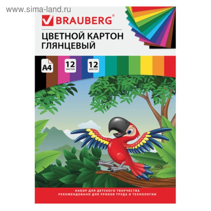 Картон цветной А4 мелованный, 12 листов, 12 цветов, в папке, BRAUBERG, 200 х 290 мм, «Килиманджаро» - Фото 1