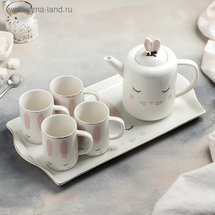 Набор керамический чайный «Зайка», 6 предметов: 4 кружки 220 мл, чайник 900 мл, поднос - Фото 1