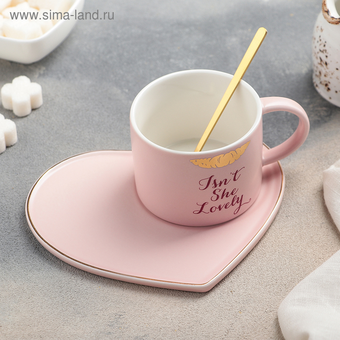 Чайная пара керамическая с ложкой «Поцелуй», 2 предмета: кружка 200 мл, тарелка 15,5×13,5 см, цвет МИКС - Фото 1