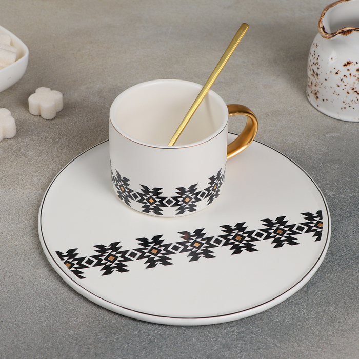 Чайная пара керамическая с ложкой «Орнамент», 2 предмета: кружка 280 мл, тарелка d=20 см