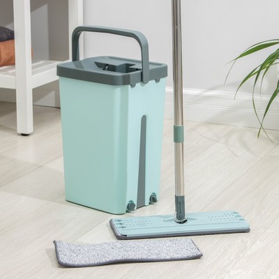 Швабра с отжимом и ведро: ведро с отсеками для полоскания и отжима 14 л, швабра плоская, доп. насадка