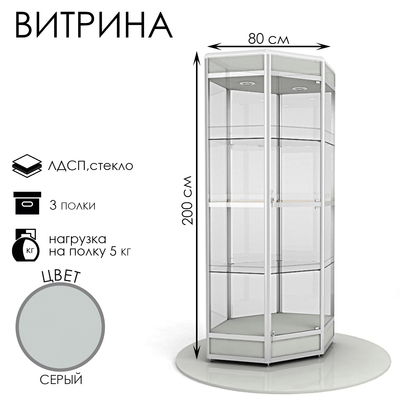 Витрина шестиугольная из профиля, низкая с подсветкой, серая