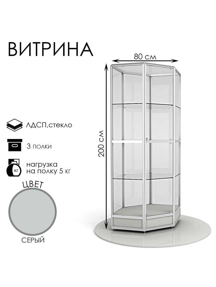Витрина шестиугольная из профиля, низкая без подсветки, серая