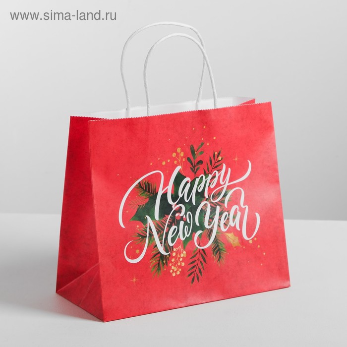 Пакет подарочный крафт Happy New Year, 25 х 22 х 12 см - Фото 1