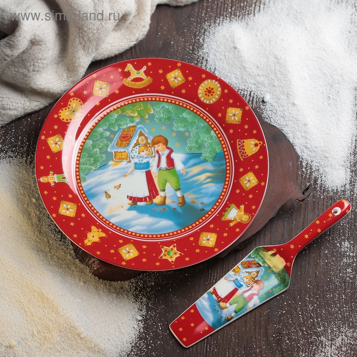 Тортовница керамическая с лопаткой Доляна «Пряничный домик» - Фото 1