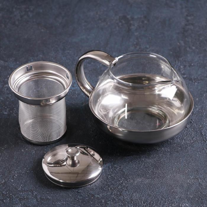 Чайник стеклянный заварочный с металлическим ситом «Металлик», 600 мл - фото 1887631617