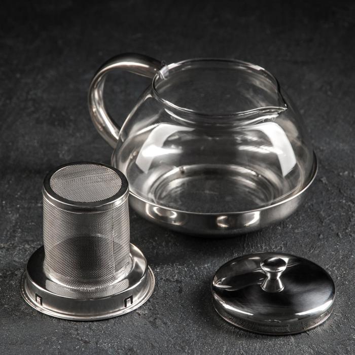 Чайник стеклянный заварочный с металлическим ситом «Металлик», 1 л - фото 1906768036
