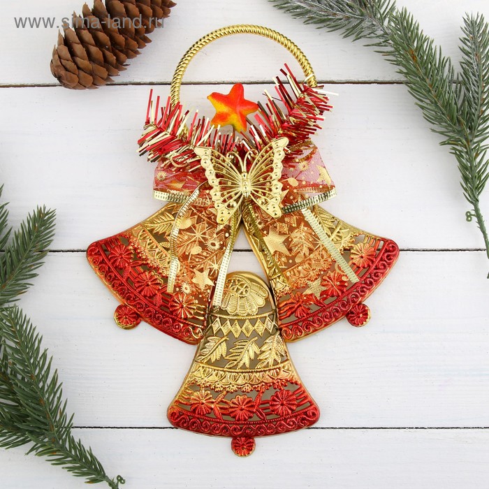 Украшение новогоднее "Три ажурных колокольчика с бабочкой" 17х23 см, красно-золотой - Фото 1