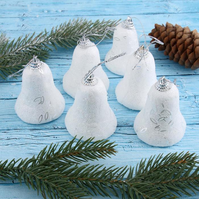 Ёлочные игрушки 6 шт. «Зимнее волшебство. Колокольчик с инеем и блёстками» пластик, 4.5×5 см, белый - Фото 1