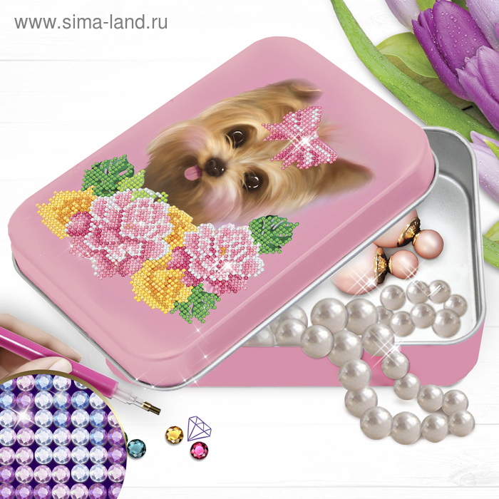 Алмазная вышивка на шкатулке "Собака и цветы" 22,8*15,8 см - Фото 1