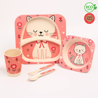 Набор детской бамбуковой посуды «Кошечка», тарелка, миска, стакан, приборы, 5 предметов - фото 109075126