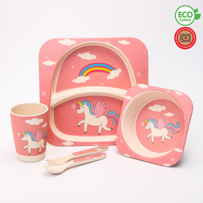 Детская посуда из бамбука в наборе «Единорог», тарелка, миска, стакан, приборы, 5 предметов