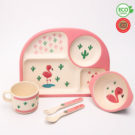 Набор бамбуковой посуды «Фламинго», тарелка, миска, кружка, приборы, 5 предметов