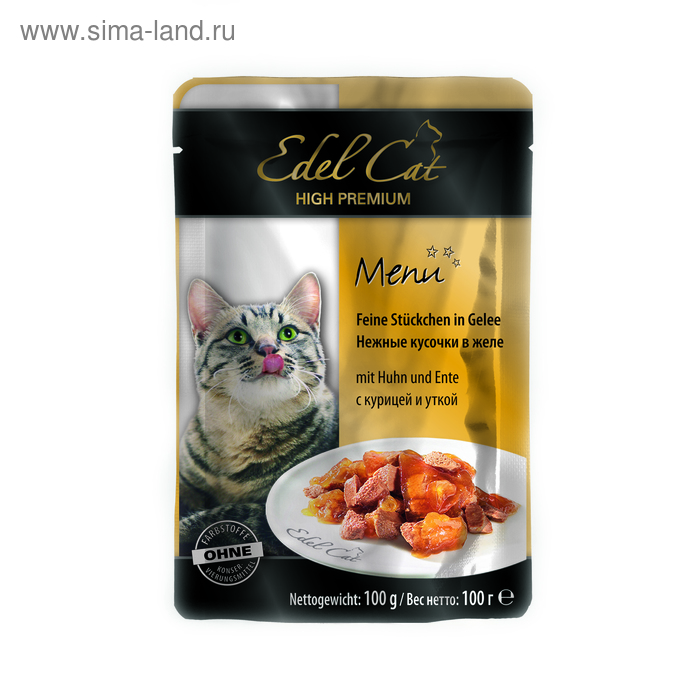 Влажный корм Edel Cat нежные кусочки в желе, курица/утка, 100 г - Фото 1