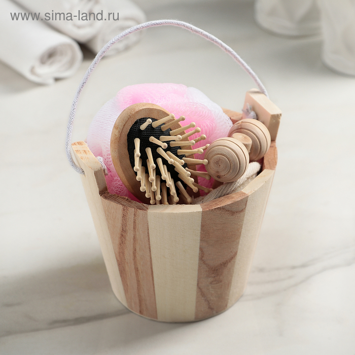 Набор банный, 4 предмета: мочалка 2 шт, расчёска, массажёр - Фото 1